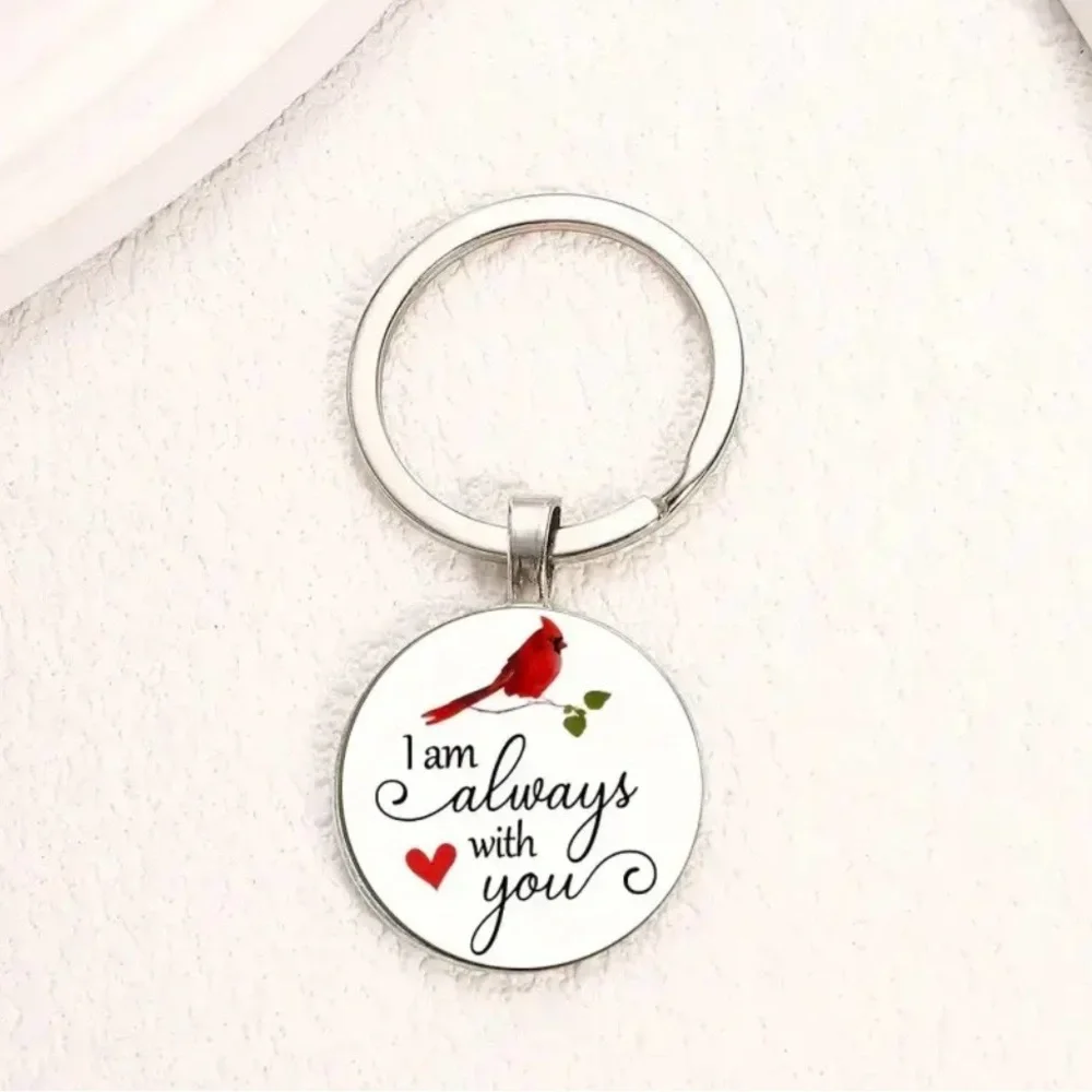 Red Cardinal Keychain with “I am always with you” phrase, NEW